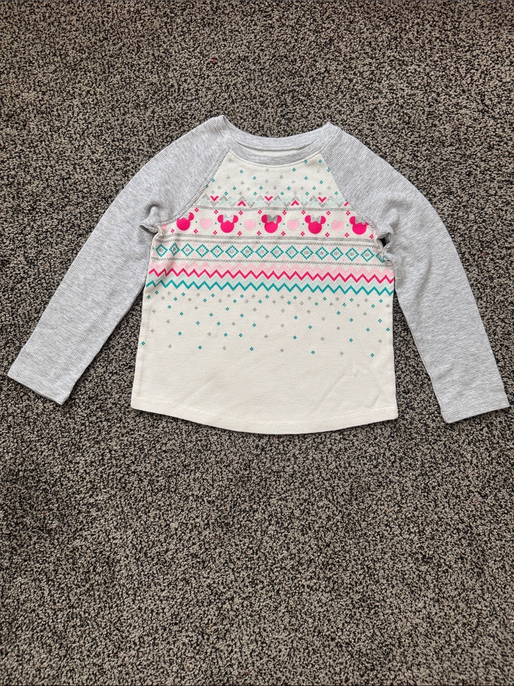 Waffle knit long sleeve Top with Pink and Teal Fair Isle Print